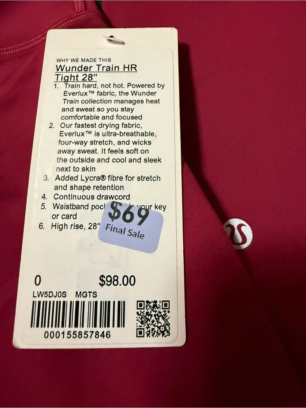 Lululemon Wunder Train HR Tight 28” Pockets Magenta Smoke NWT Size 0